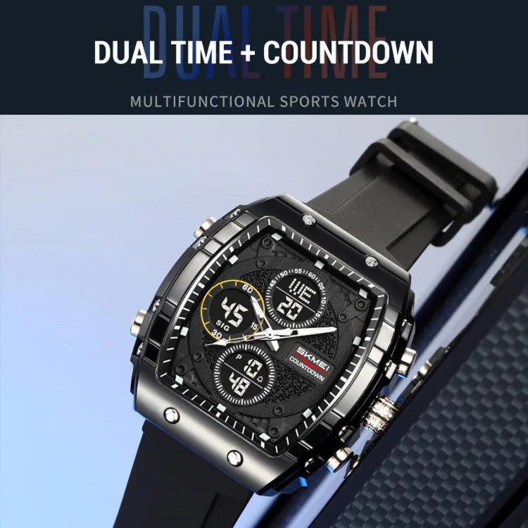 SKMEI dual-display sports watch with black strap, black face and luminous green displays