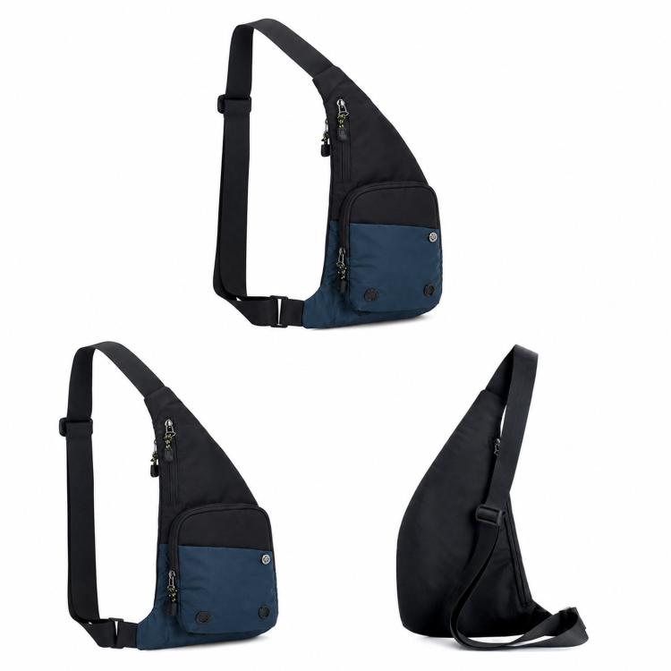 Color-block waterproof crossbody chest bag, black with blue front panel and zip.