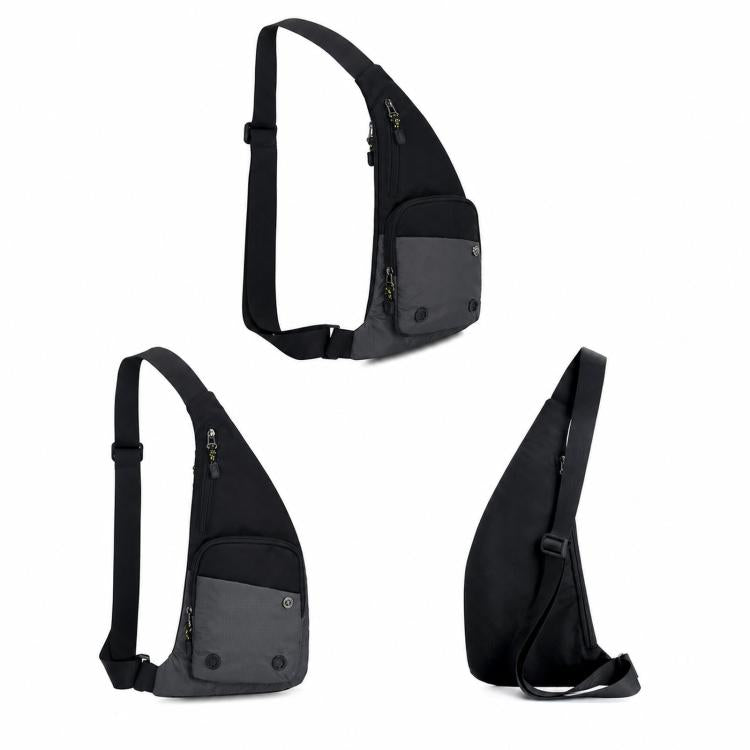 Waterproof crossbody chest bag, black with gray front pocket panel and zip.