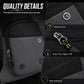 Color-block crossbody bag with metal button, easy-grip zipper pull, front pocket.