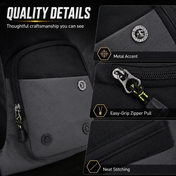 Color-block crossbody bag with metal button, easy-grip zipper pull, front pocket.