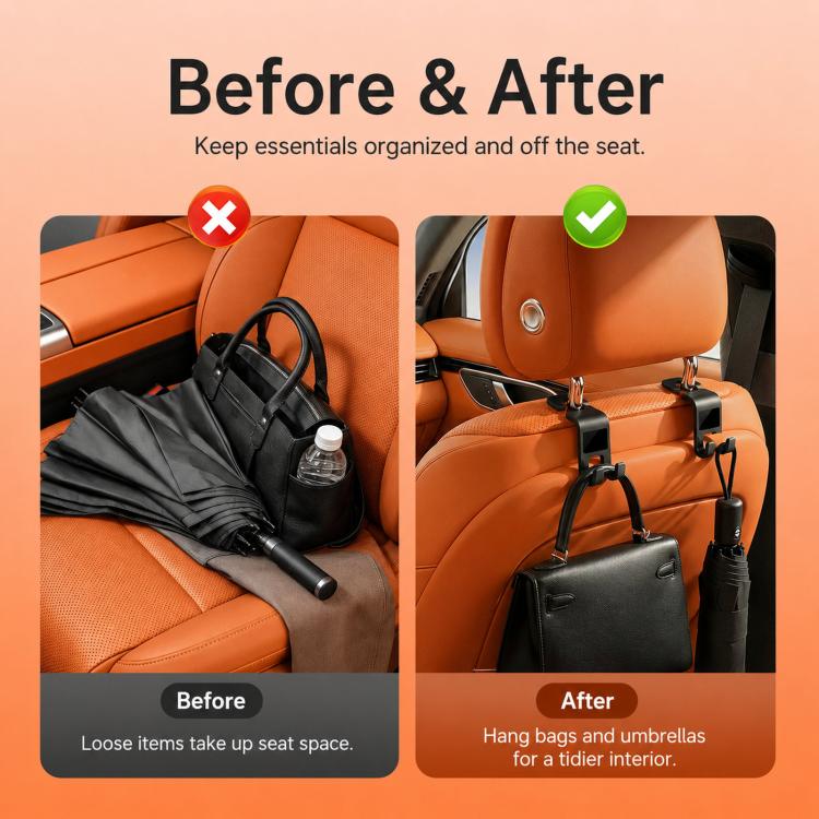Car headrest hooks holding a handbag and umbrella on the seat back, black