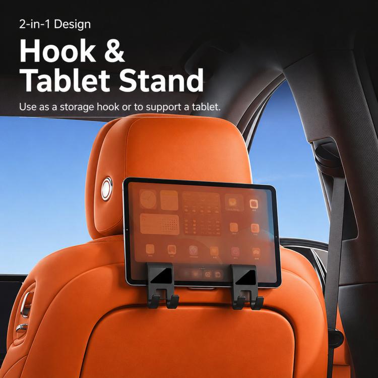Car headrest 2-in-1 hook and tablet stand, black clips supporting a tablet