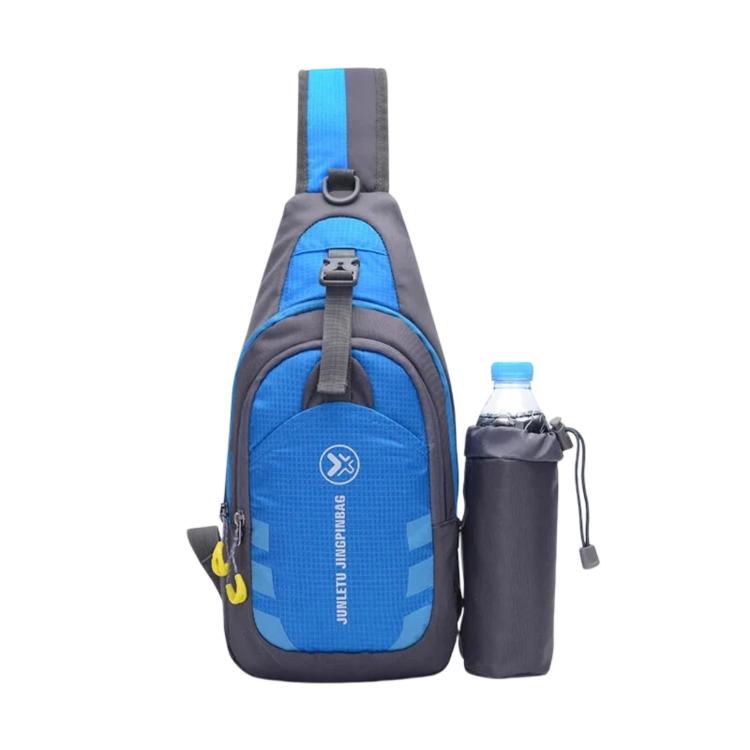 Blue waterproof nylon chest sling bag with front pocket and side bottle pocket