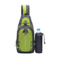 Green waterproof nylon chest sling bag with front pocket and side bottle pocket