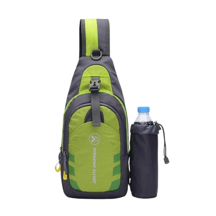 Green waterproof nylon chest sling bag with front pocket and side bottle pocket