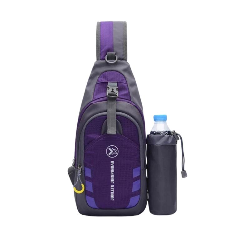 Purple waterproof nylon chest sling bag with front pocket and side bottle pocket