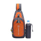 Orange waterproof nylon chest sling bag with front pocket and side bottle pocket