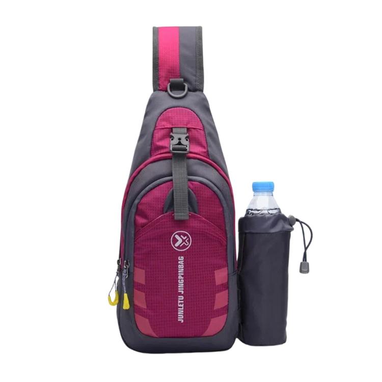 Rose red waterproof nylon chest sling bag with front pocket and side bottle pocket