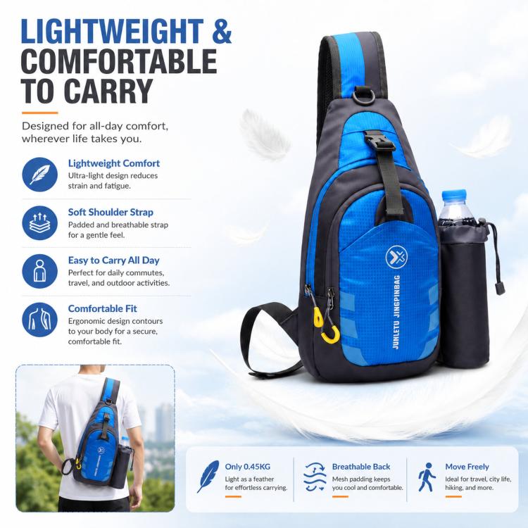 Blue waterproof nylon chest sling bag with padded strap and side bottle pocket