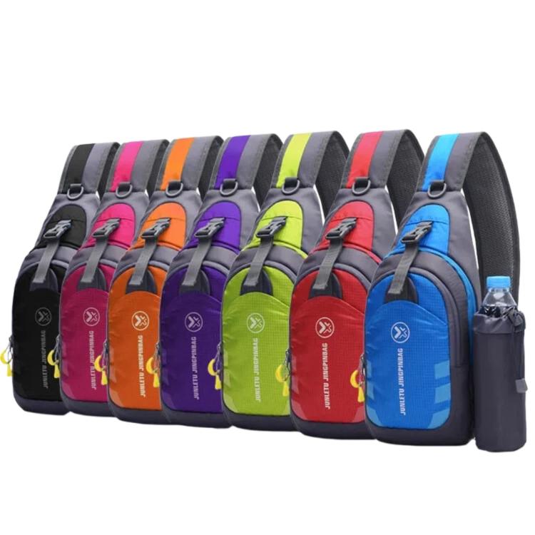 Assorted color nylon waterproof chest sling bags with black straps and front zippers