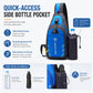 Blue waterproof nylon chest sling bag with quick-access side bottle pocket