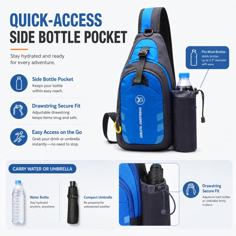 Blue waterproof nylon chest sling bag with quick-access side bottle pocket