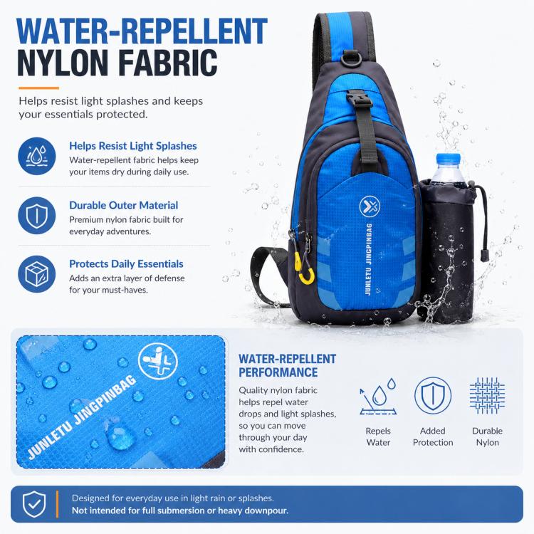 Blue waterproof nylon chest sling bag with water-repellent fabric and bottle pocket