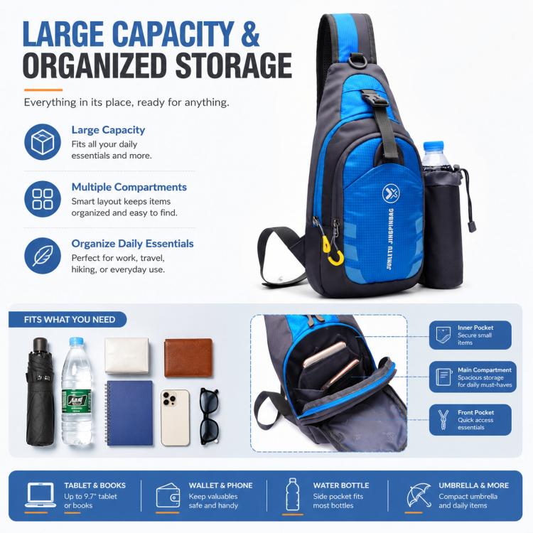 Blue and black nylon waterproof chest sling bag with front zipper and adjustable strap