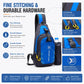 Blue and black nylon sling bag with multiple zippers and durable hardware