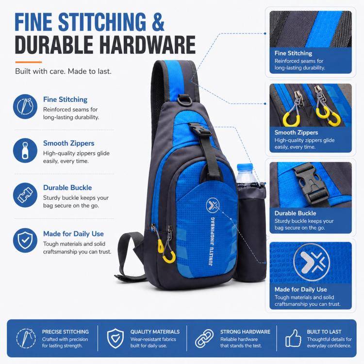 Blue and black nylon sling bag with multiple zippers and durable hardware