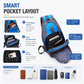 Blue and black nylon chest bag with front zipper pocket and main compartment