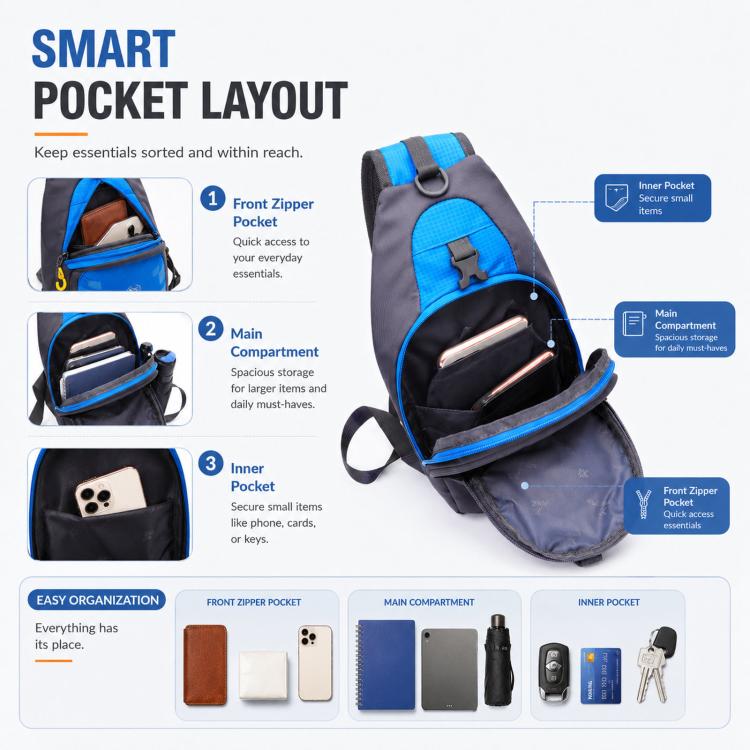 Blue and black nylon chest bag with front zipper pocket and main compartment