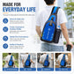 Blue and black nylon chest sling bag worn with adjustable shoulder straps