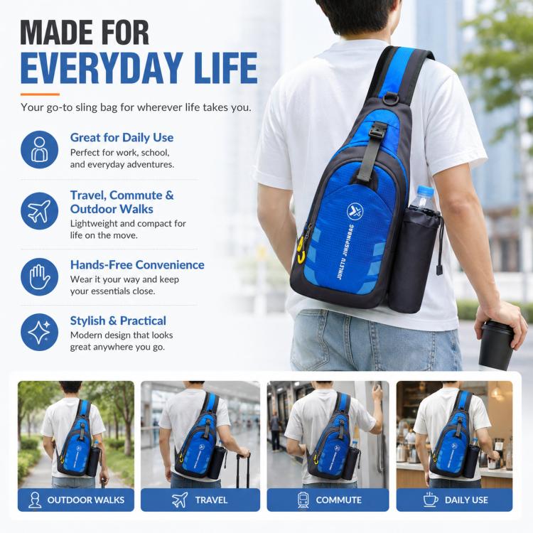 Blue and black nylon chest sling bag worn with adjustable shoulder straps