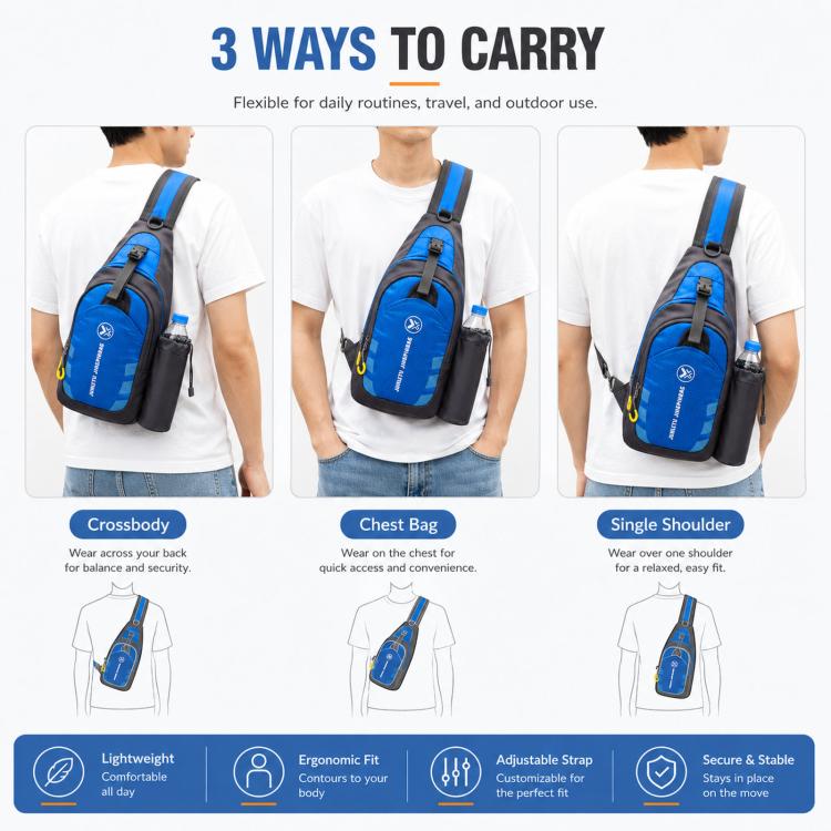 Blue nylon chest bag shown for crossbody, chest, or single-shoulder carry