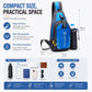 Blue and black nylon chest bag with adjustable strap and side water-bottle holder