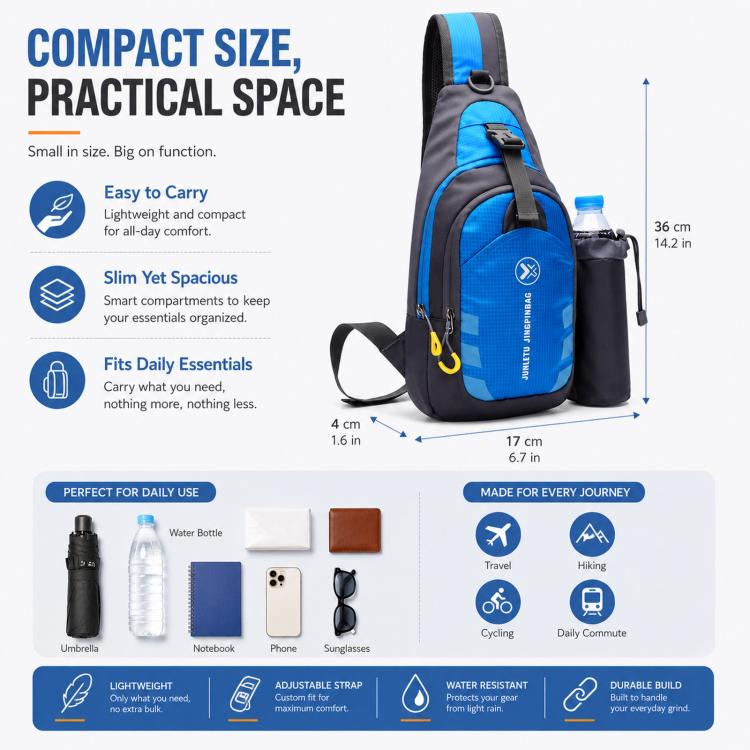Blue and black nylon chest bag with adjustable strap and side water-bottle holder