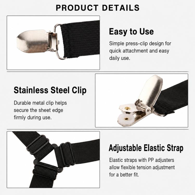 Black elastic strap with stainless steel clip fastener, product detail close-up