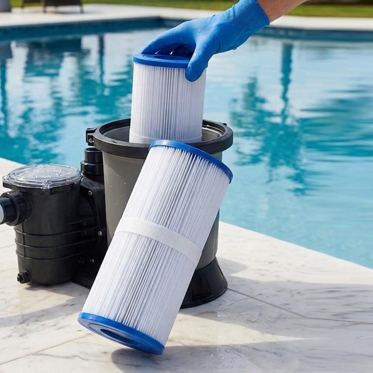 Pool spa filter cartridge pair with white pleated media and blue end caps