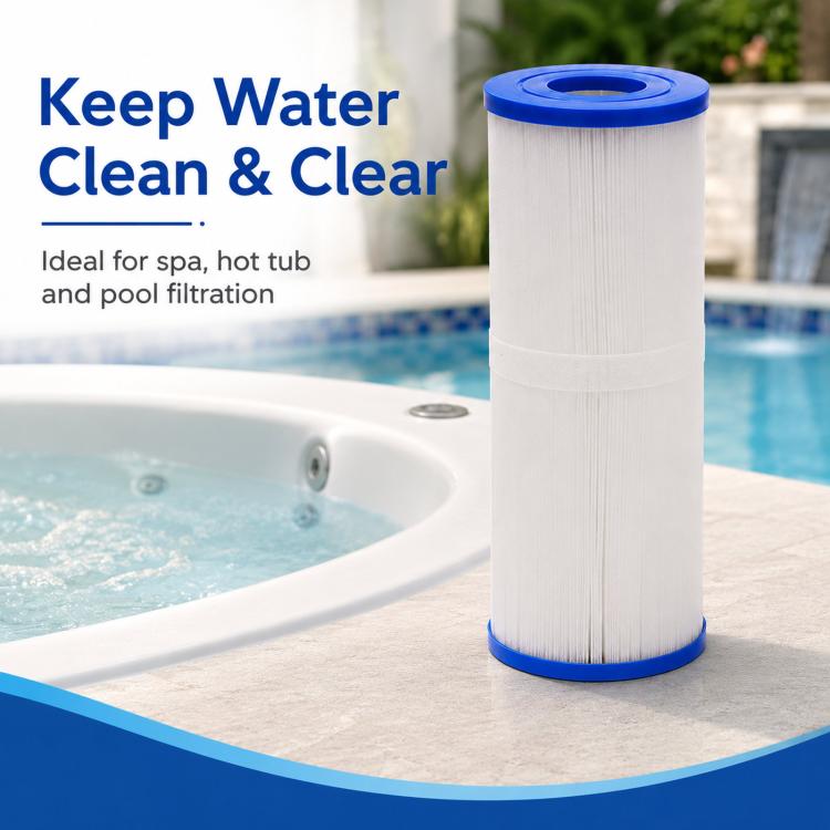 White pleated spa hot tub filter cartridge with blue end caps for clean water