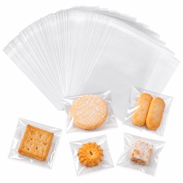 Clear self-sealing snack bags containing cookies and pastries, assorted pieces
