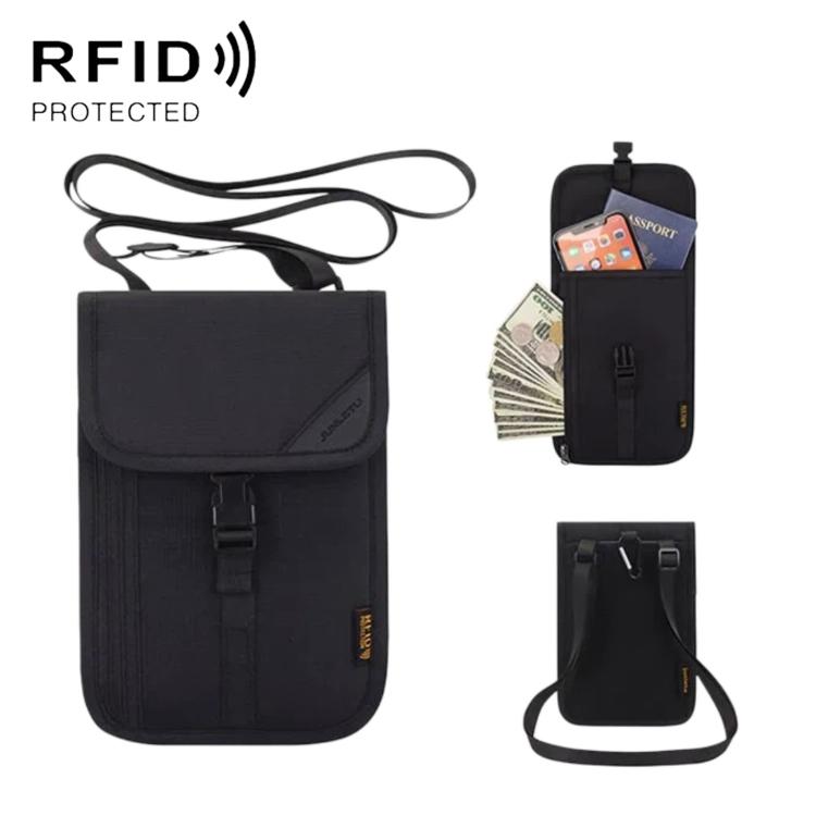 Black RFID passport card holder pouch with front flap and neck strap