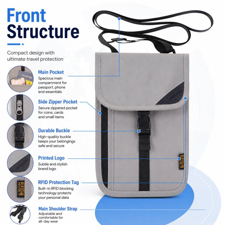 Gray travel passport pouch with neck strap, front flap, and side zipper pocket
