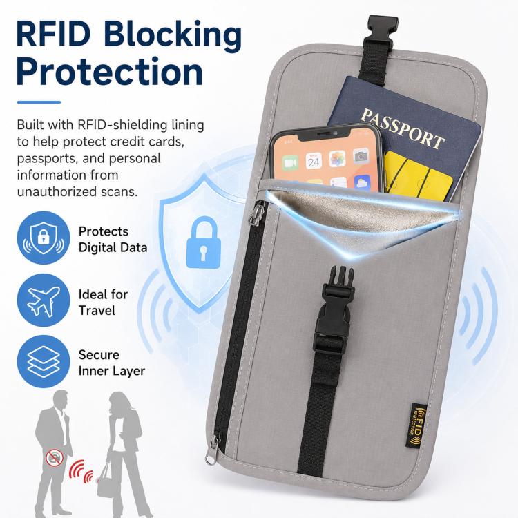 Gray RFID blocking travel passport pouch with neck strap and inner card slots