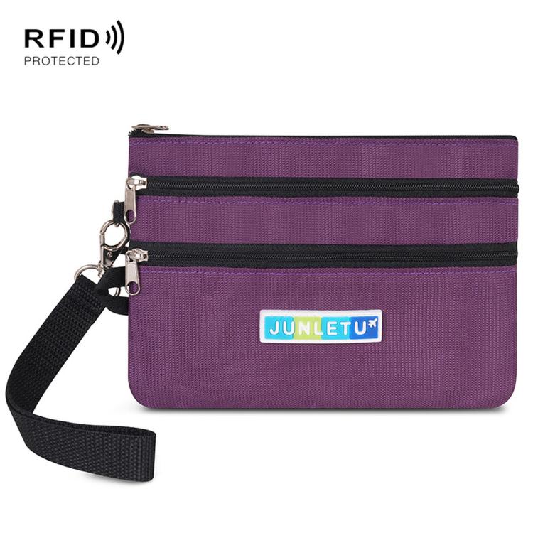 Purple two-zip card pouch with wrist strap and RFID-protecting lining