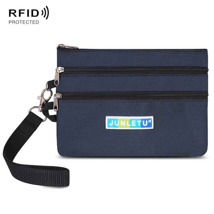 Navy two-zip card pouch with wrist strap and RFID-protecting lining