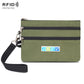 Army green two-zip card pouch with wrist strap and RFID-protecting lining