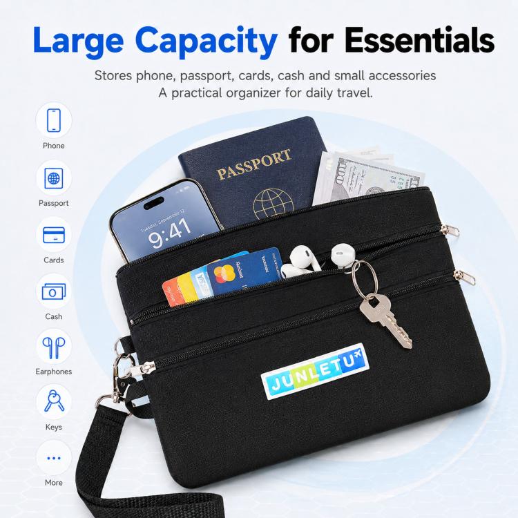 Black anti-skimming card pouch with wrist strap, zipper closure, front pocket visible
