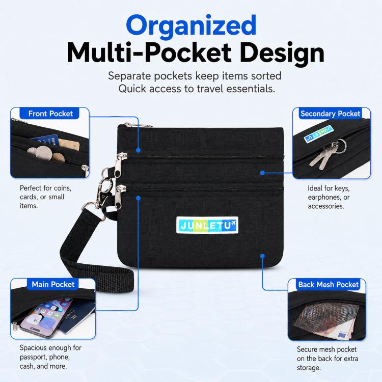 Black multi-pocket card pouch with front, main, and back mesh pockets plus key ring