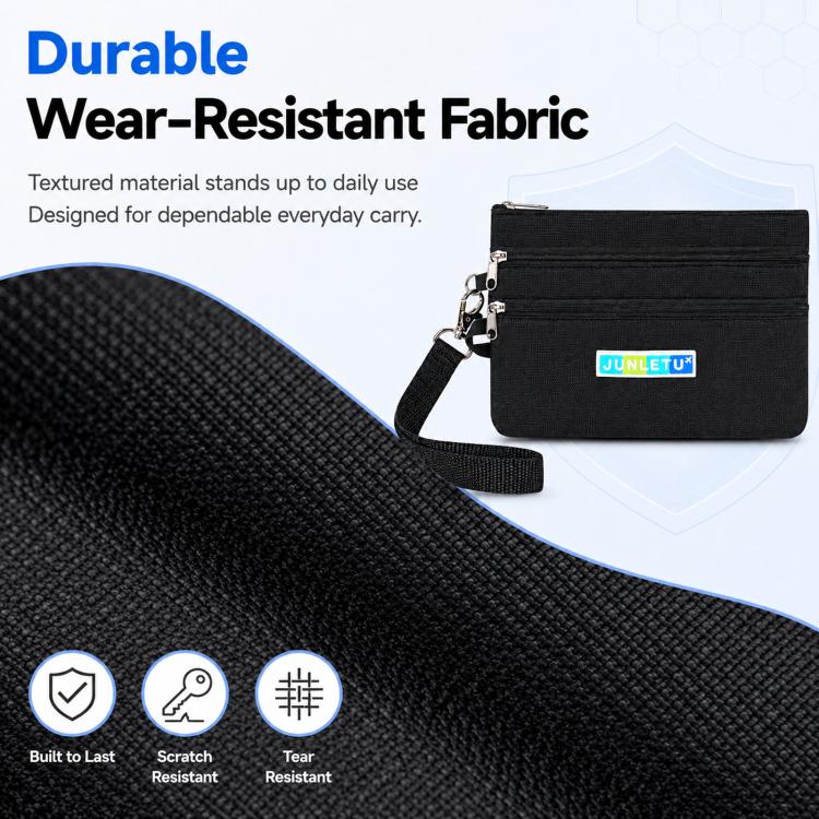 Black textured card pouch with top zipper and wrist strap, durable fabric close-up