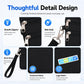 Black card pouch details: smooth zippers, side hook, wrist strap, and logo patch
