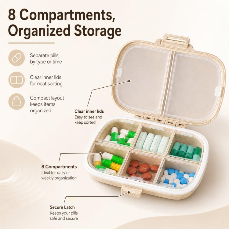 Wheat-straw pill organizer open with clear inner lids and divided tray of assorted pills