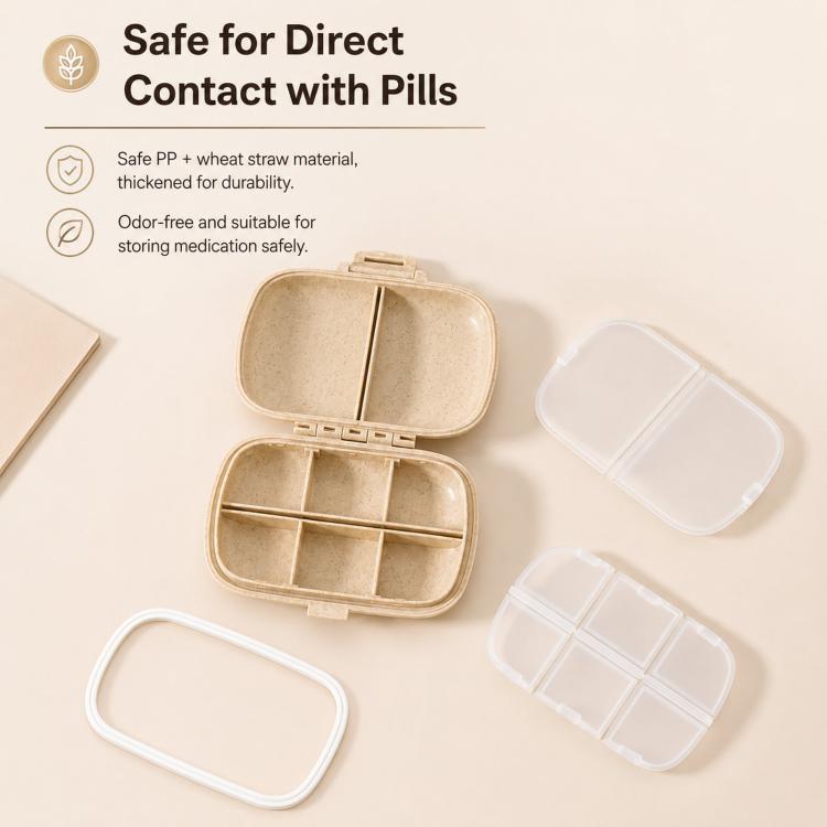 Wheat-straw pill organizer with open hinged case and clear compartment inserts