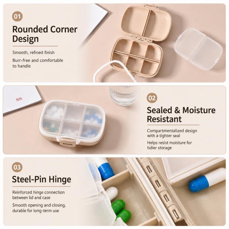 Wheat-straw pill organizer detail view of steel-pin hinge and compartment tray