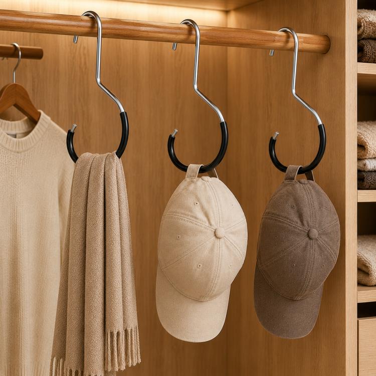 Metal hat organizer hangers with open rings, hanging caps and scarves on a closet bar