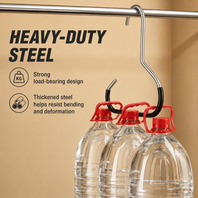 Heavy-duty metal U-hook hangers with black grips for hanging items from a rod