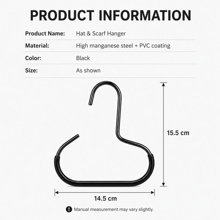 Black metal hat hanger hook with size diagram, showing 14.5 cm width and 15.5 cm height