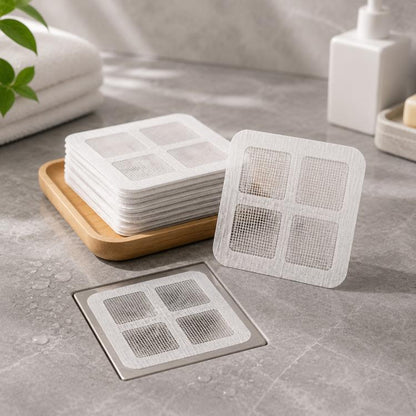 White square mesh drain hair catcher stickers, disposable 4x4 inch, set of 50