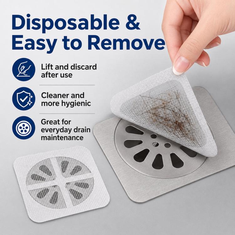 Hand lifting a disposable square white mesh drain hair catcher from a metal drain